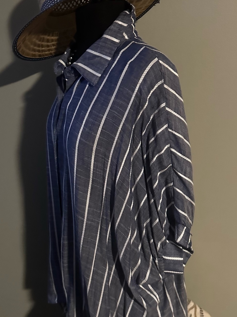 Striped Navy Blue Button-Front Women's Blouse - Picture 2 of 4